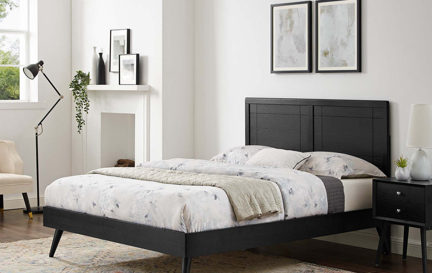 Rattan Wood King Platform Bed With Splayed Legs in Black