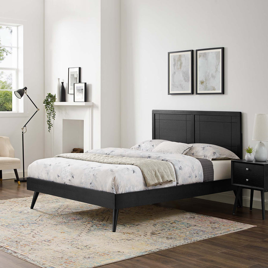 Rattan Wood King Platform Bed With Splayed Legs in Black