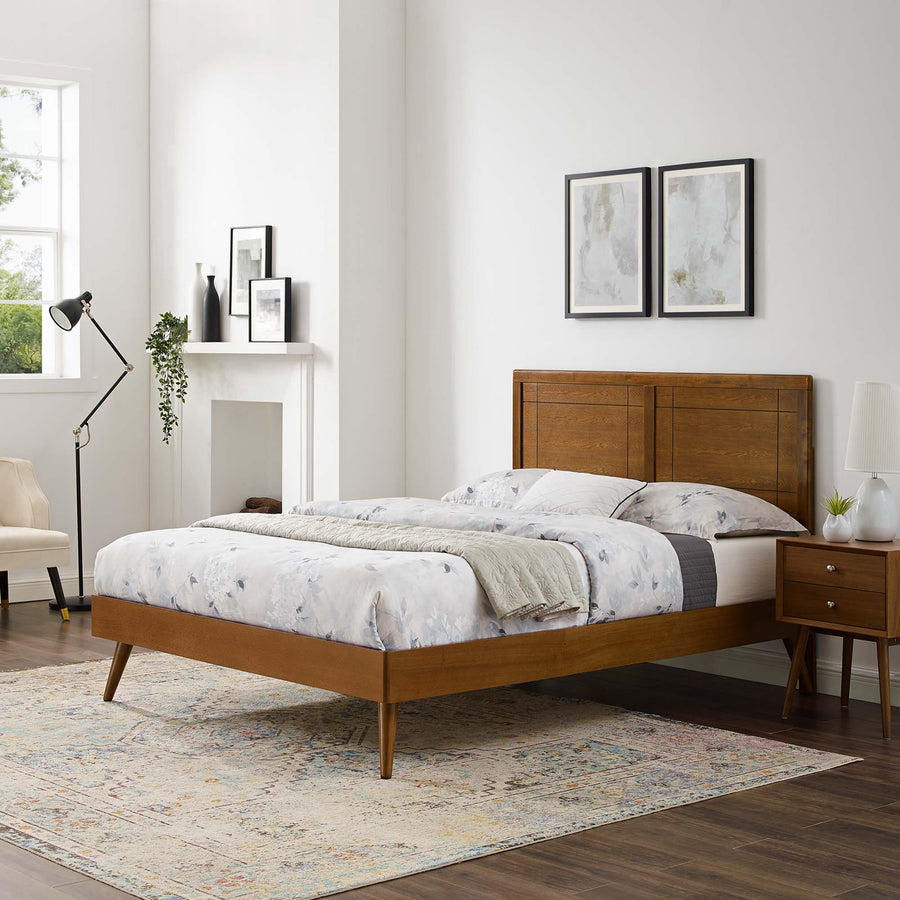 Rattan Wood King Platform Bed With Splayed Legs in Walnut