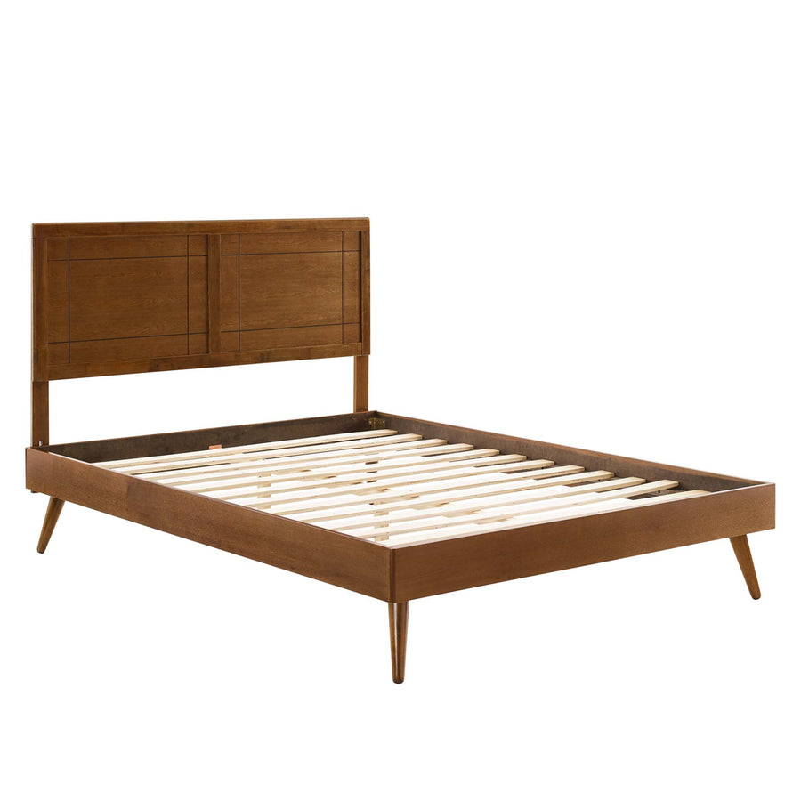 Rattan Wood King Platform Bed With Splayed Legs in Walnut