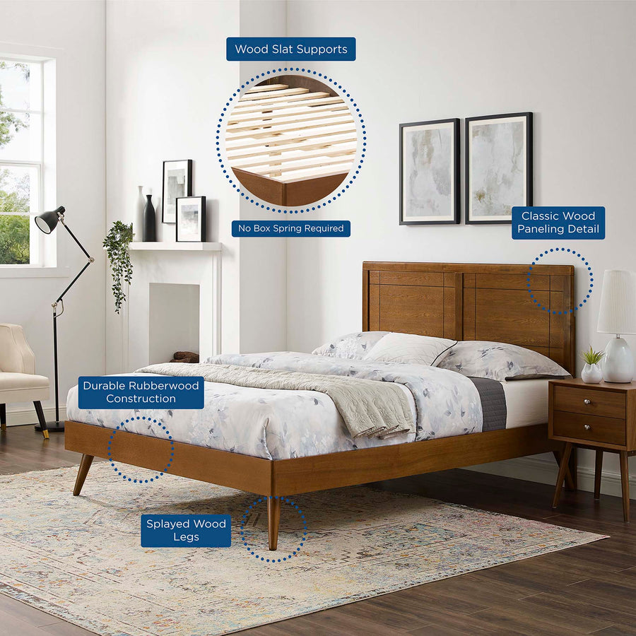 Rattan Wood Twin Platform Bed With Splayed Legs in Walnut