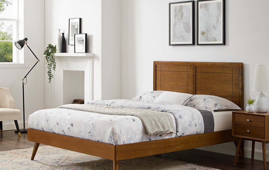 Rattan Wood Twin Platform Bed With Splayed Legs in Walnut
