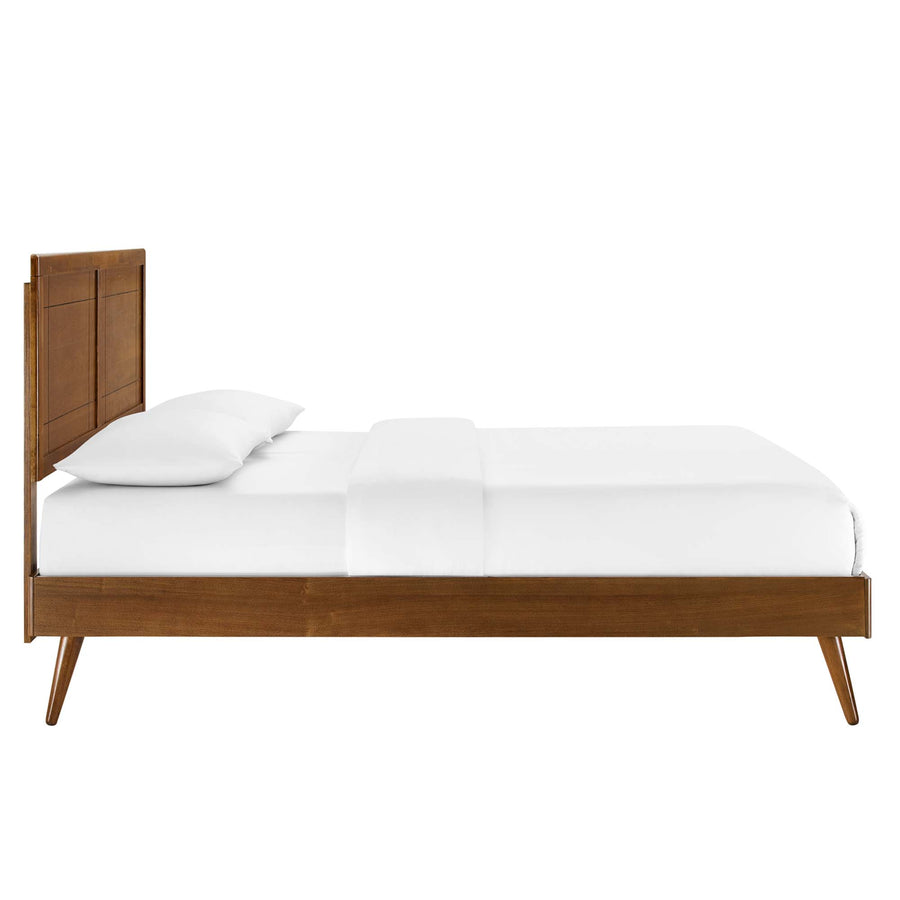 Rattan Wood Twin Platform Bed With Splayed Legs in Walnut