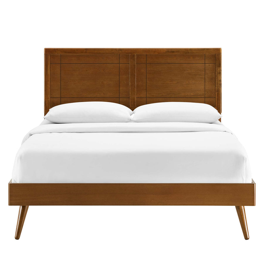 Rattan Wood Twin Platform Bed With Splayed Legs in Walnut