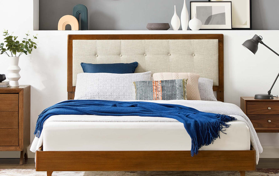 Petal Wood King Platform Bed With Angular Frame in Walnut Beige