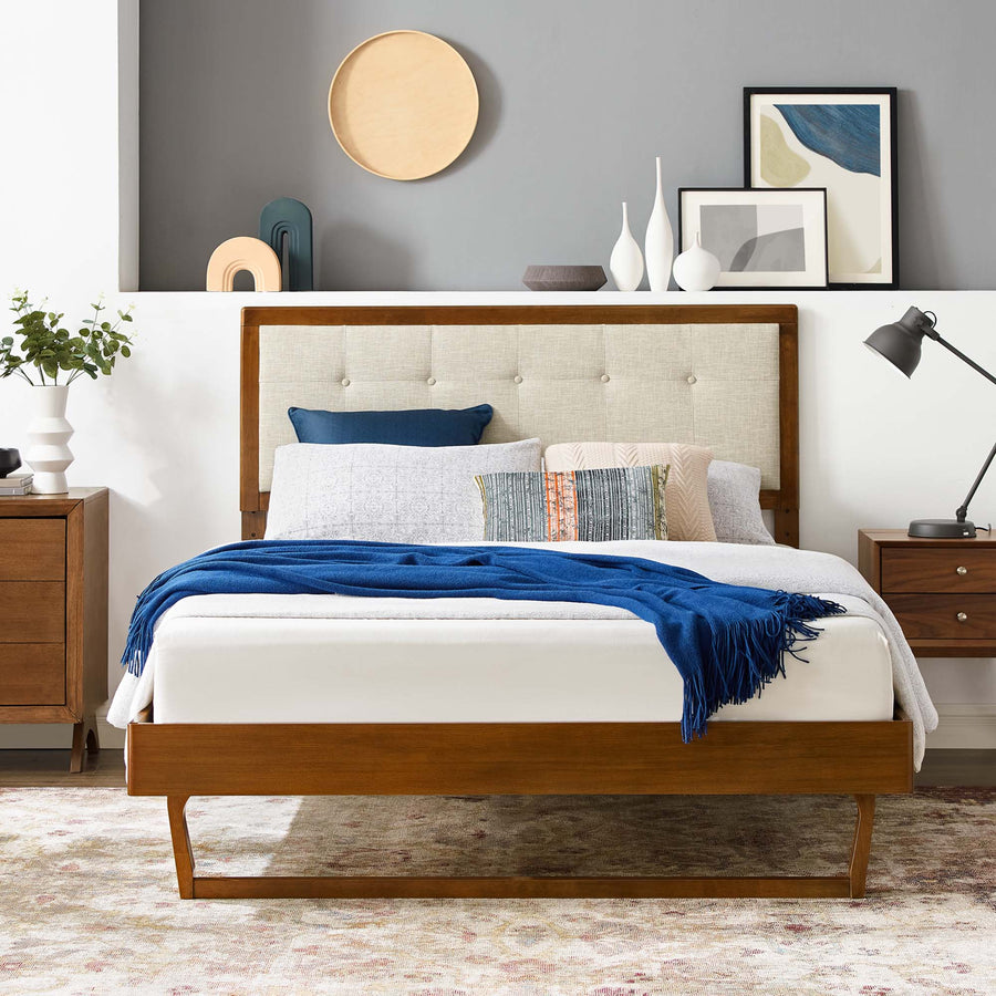 Petal Wood King Platform Bed With Angular Frame in Walnut Beige
