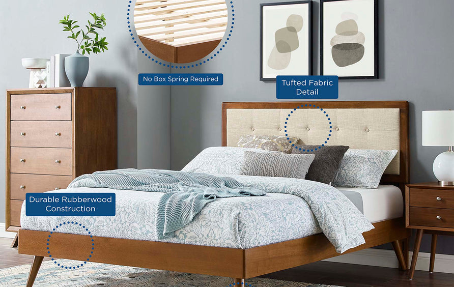 Petal Wood Full Platform Bed With Splayed Legs in Walnut Beige