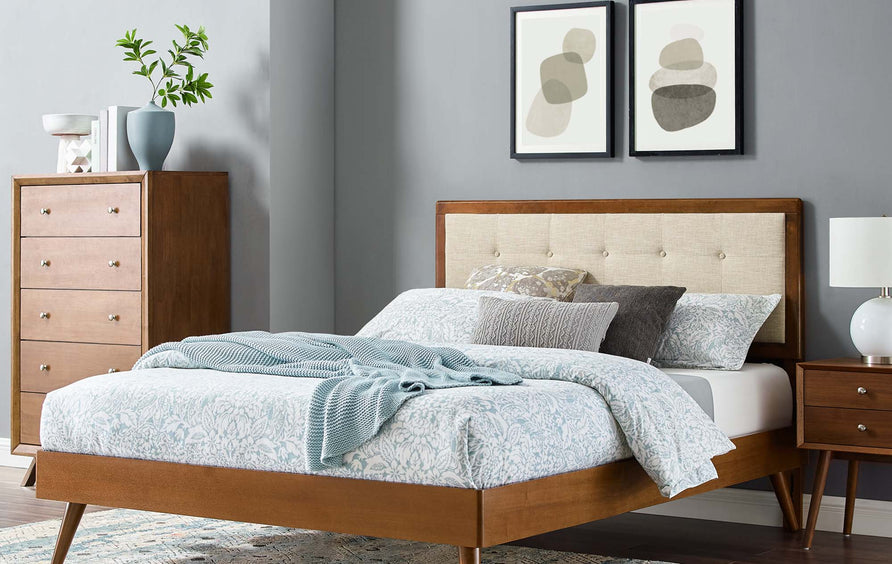Petal Wood Full Platform Bed With Splayed Legs in Walnut Beige