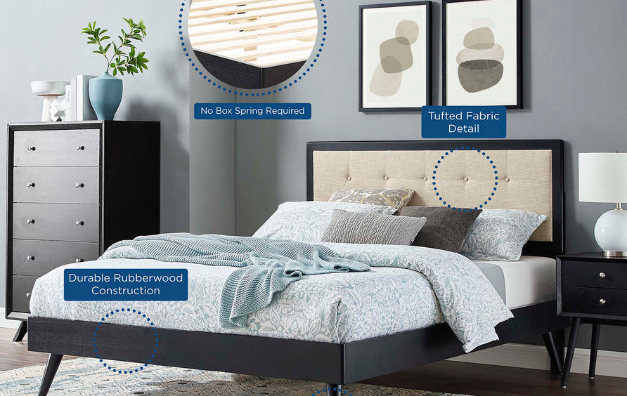 Petal Wood King Platform Bed With Splayed Legs in Black Beige
