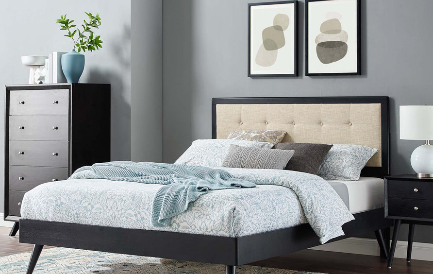 Petal Wood King Platform Bed With Splayed Legs in Black Beige