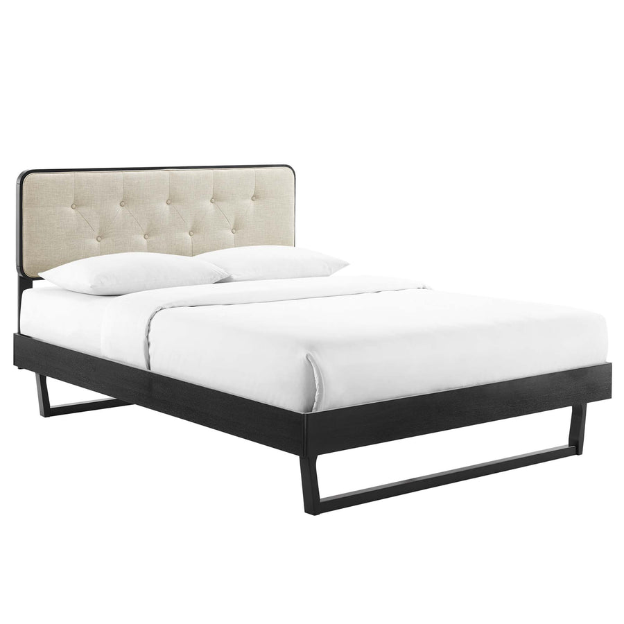 Linen Wood Full Platform Bed With Angular Frame in Black Beige