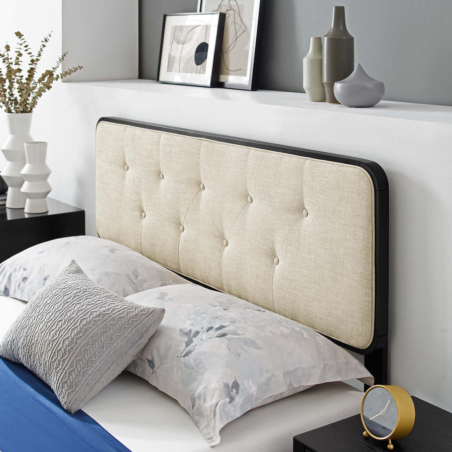 Linen Wood Full Platform Bed With Angular Frame in Black Beige