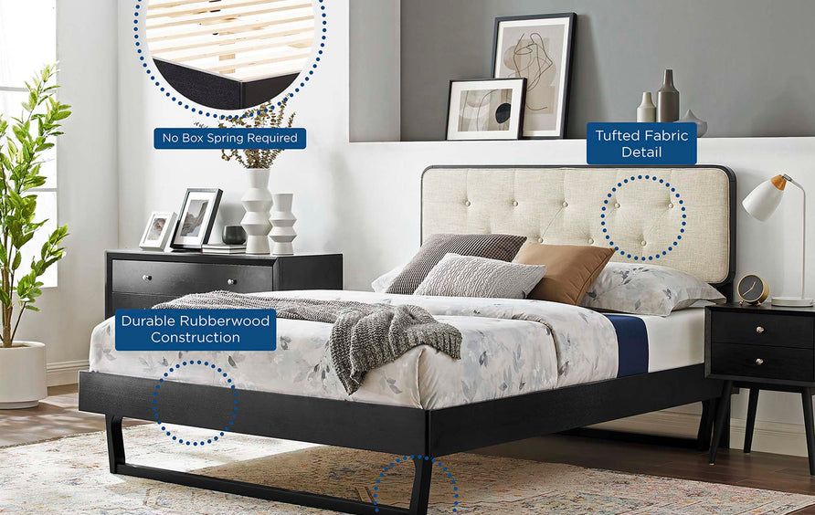 Linen Wood Full Platform Bed With Angular Frame in Black Beige