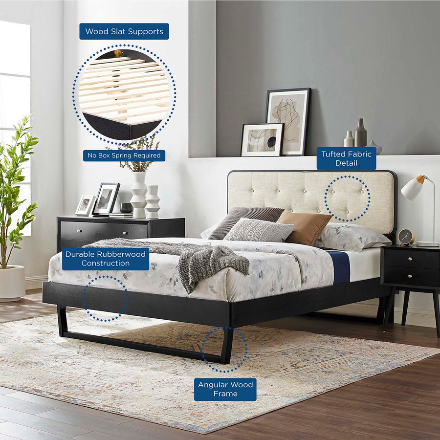 Linen Wood Full Platform Bed With Angular Frame in Black Beige