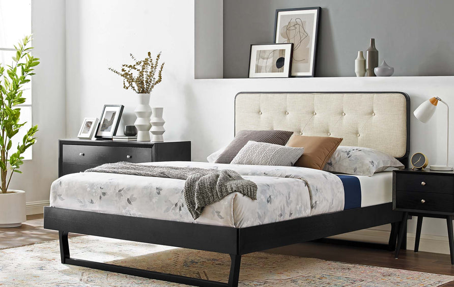 Linen Wood Full Platform Bed With Angular Frame in Black Beige