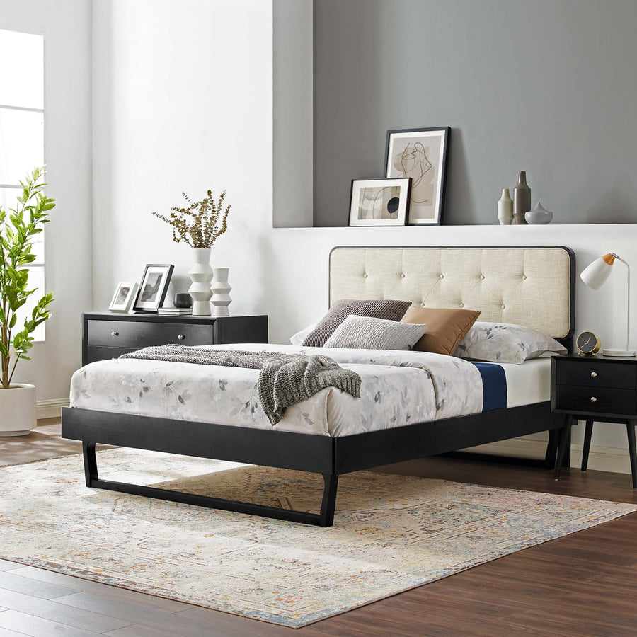 Linen Wood Full Platform Bed With Angular Frame in Black Beige