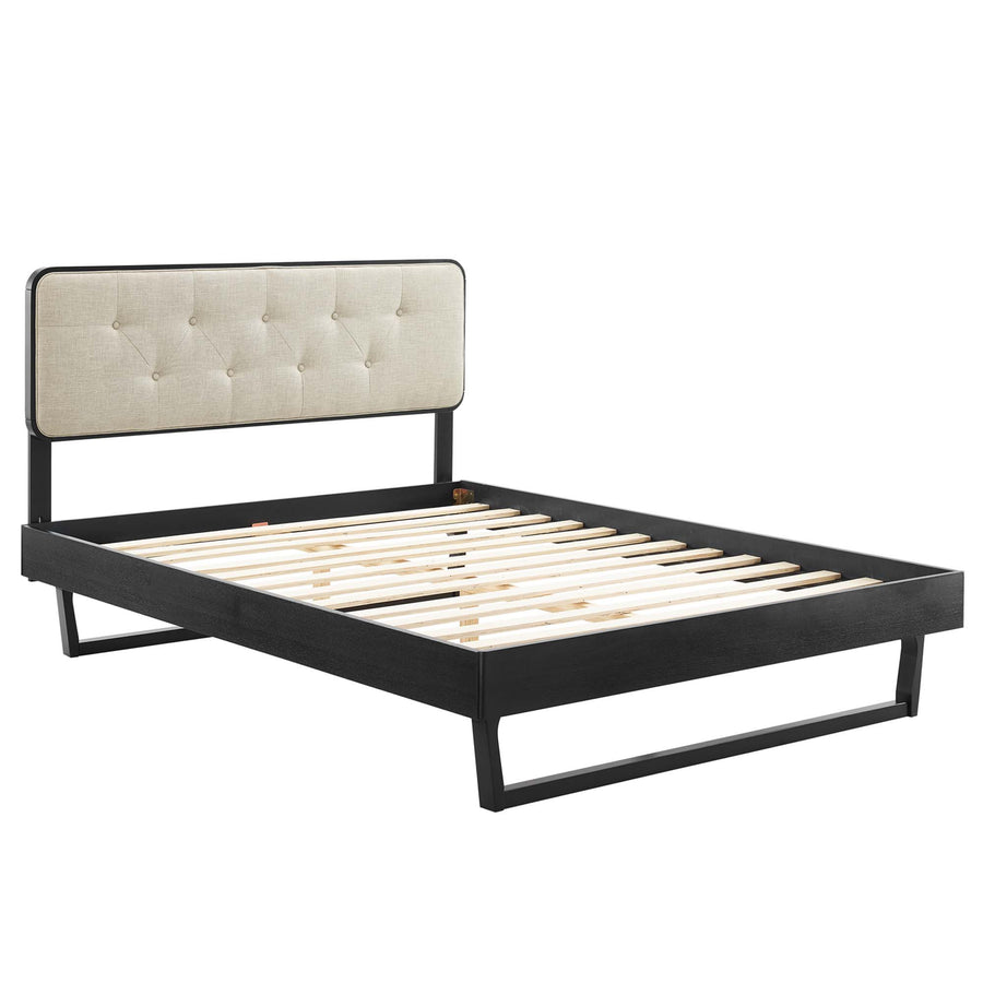 Linen Wood Full Platform Bed With Angular Frame in Black Beige