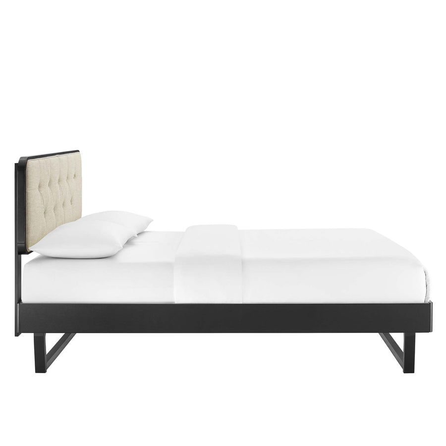 Linen Wood Full Platform Bed With Angular Frame in Black Beige