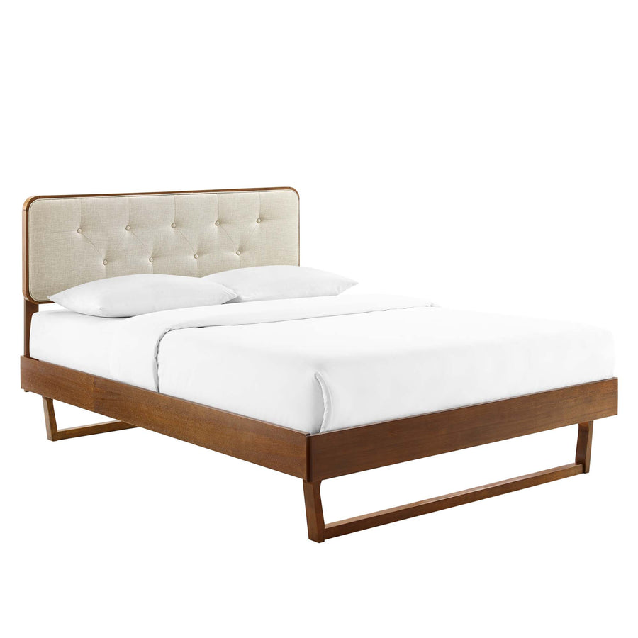 Linen Wood Full Platform Bed With Angular Frame in Walnut Beige