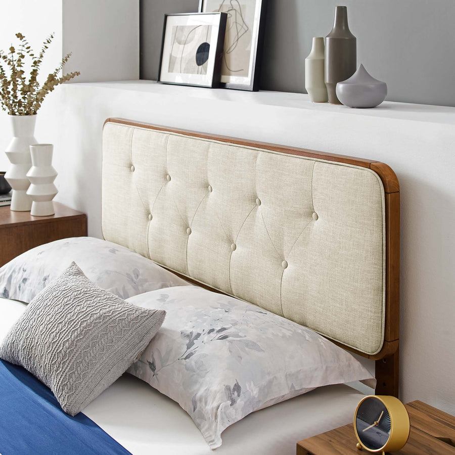 Linen Wood Full Platform Bed With Angular Frame in Walnut Beige