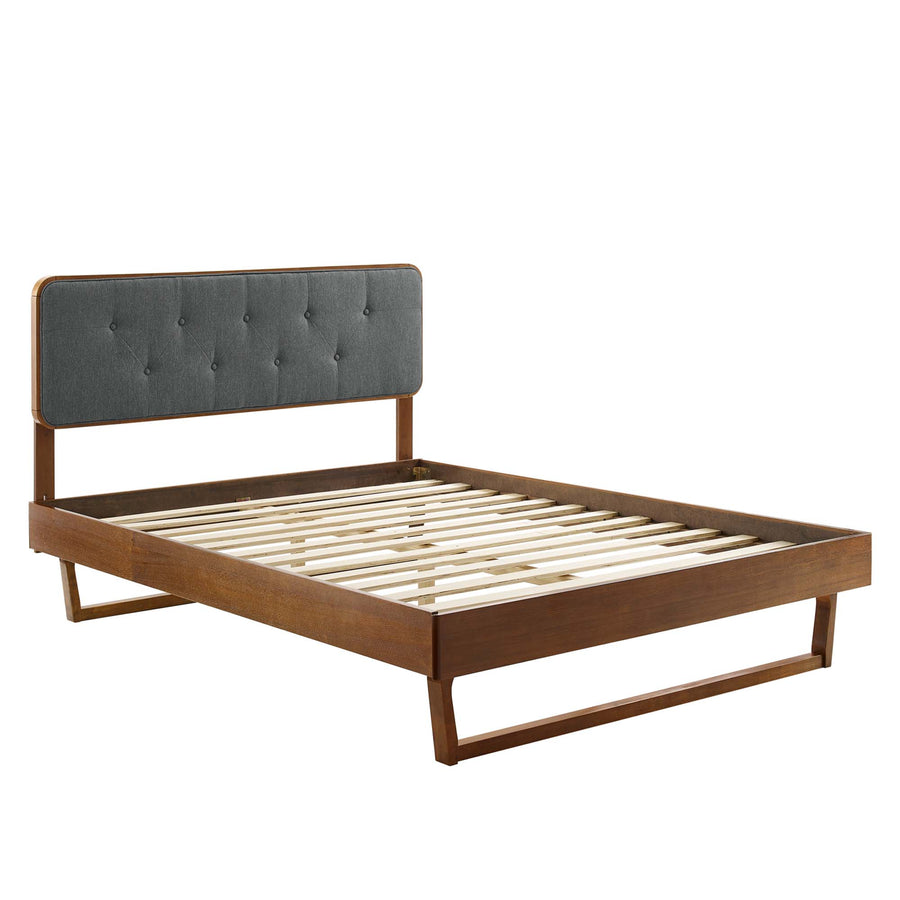 Linen Wood Full Platform Bed With Angular Frame in Walnut Charcoal