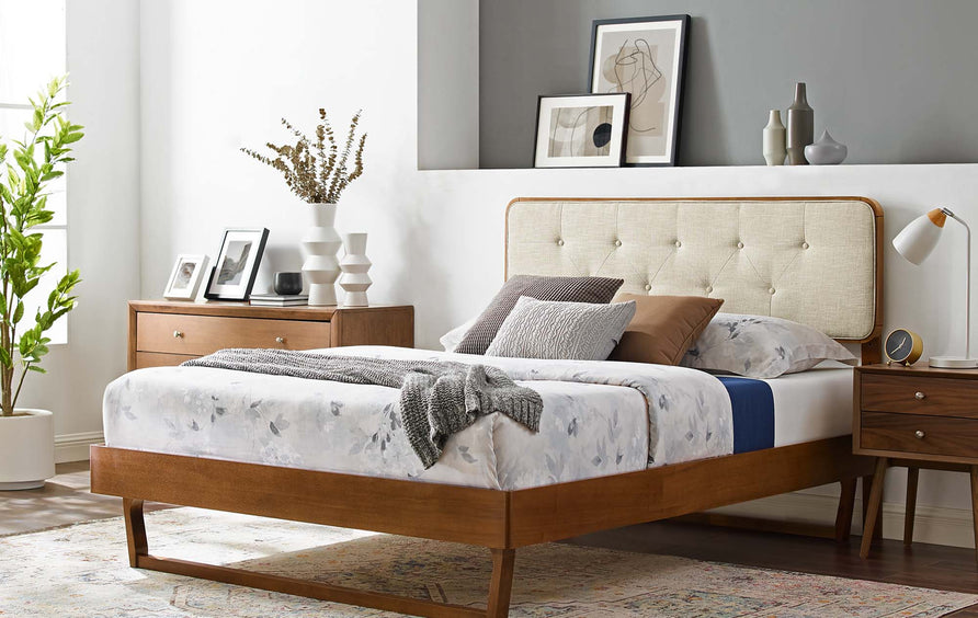 Linen Wood King Platform Bed With Angular Frame in Walnut Beige