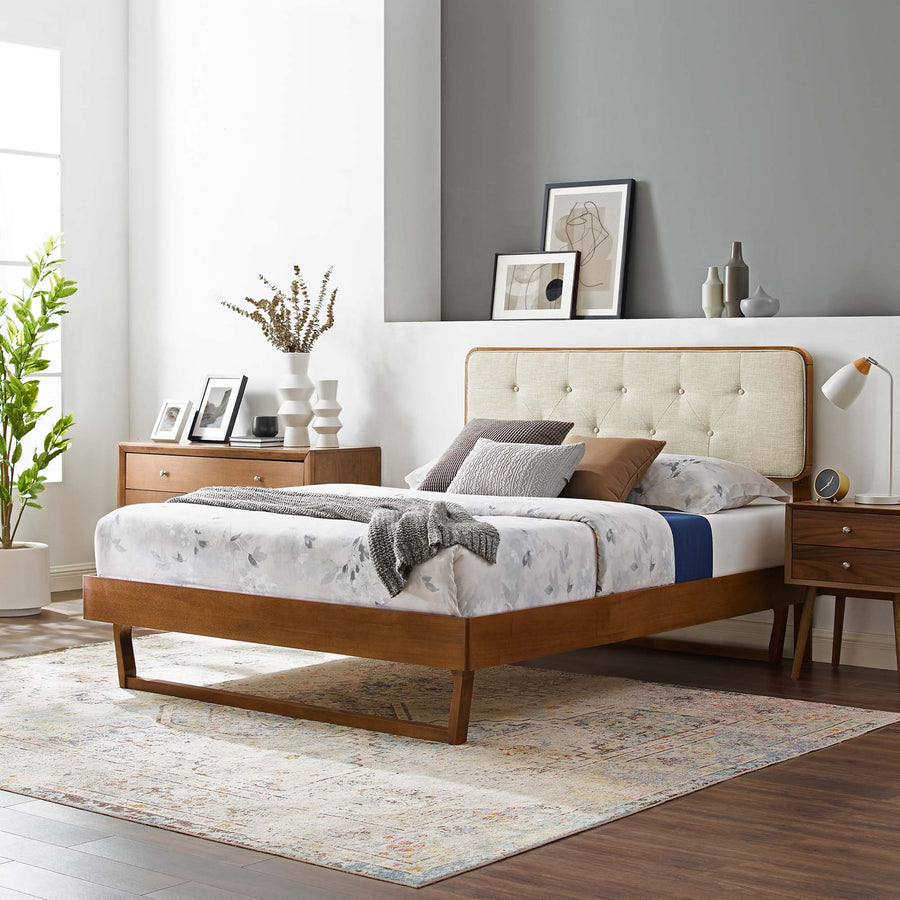 Linen Wood King Platform Bed With Angular Frame in Walnut Beige