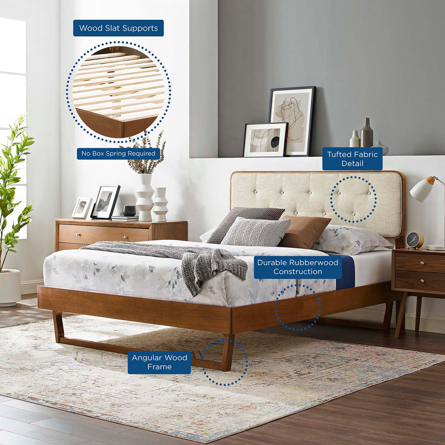 Linen Wood Twin Platform Bed With Angular Frame in Walnut Beige