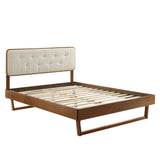 Linen Wood Twin Platform Bed With Angular Frame in Walnut Beige