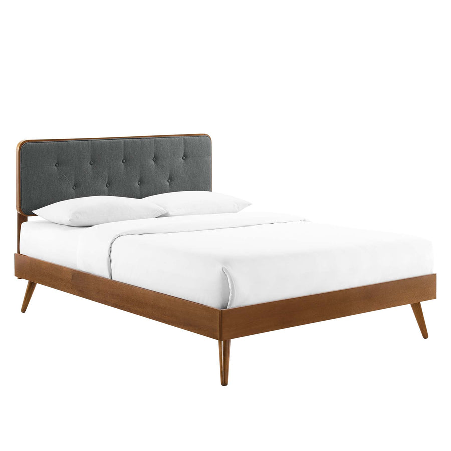 Linen Wood Full Platform Bed With Splayed Legs in Walnut Charcoal