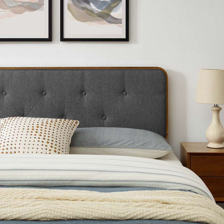 Linen Wood Full Platform Bed With Splayed Legs in Walnut Charcoal