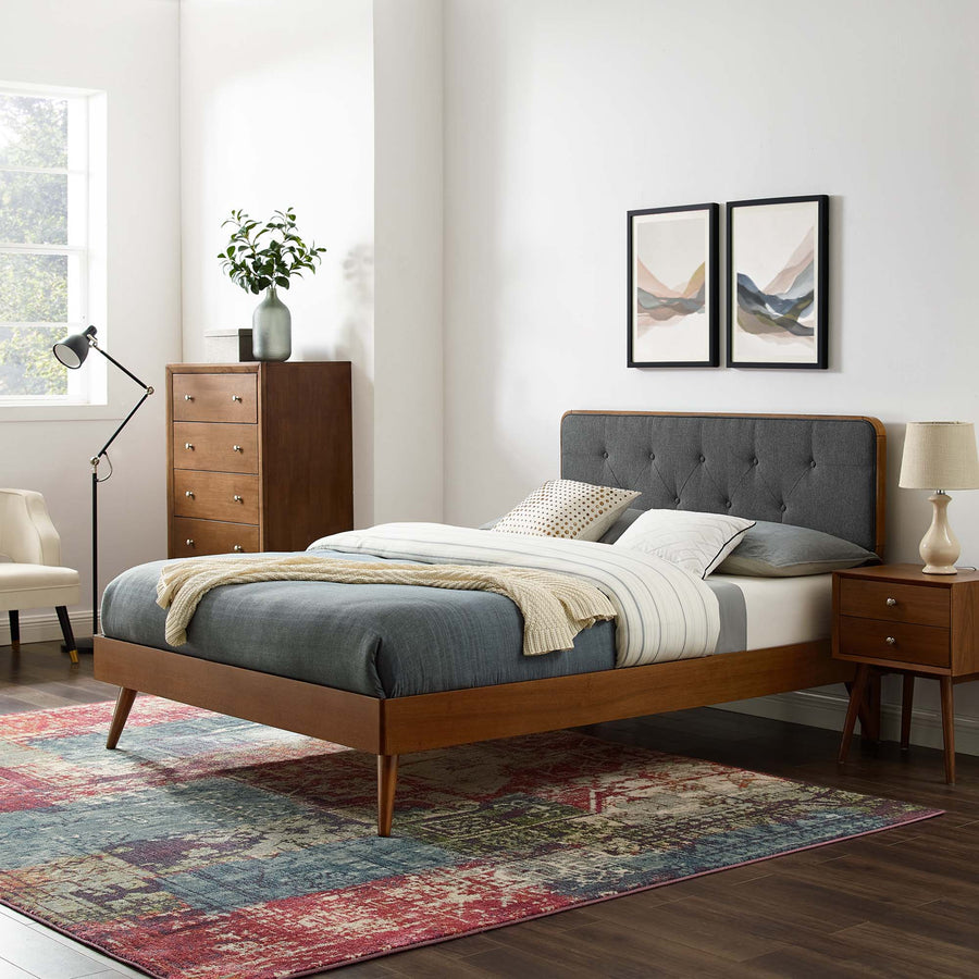 Linen Wood Full Platform Bed With Splayed Legs in Walnut Charcoal