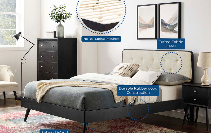 Linen Wood King Platform Bed With Splayed Legs in Black Beige