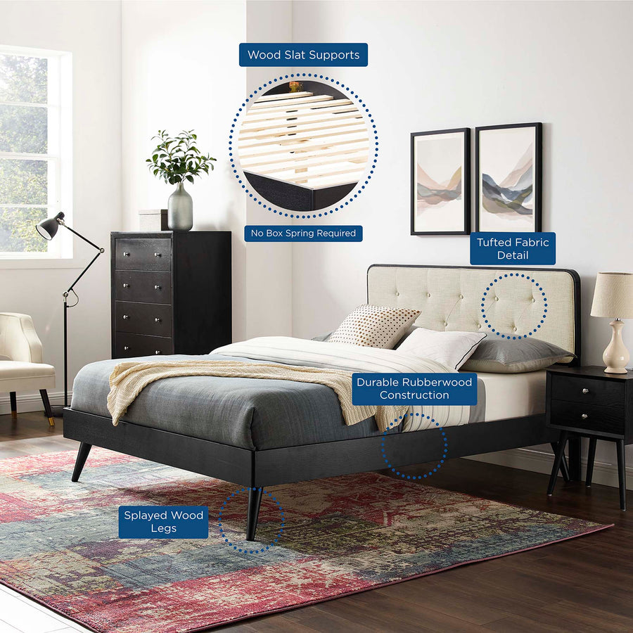 Linen Wood King Platform Bed With Splayed Legs in Black Beige