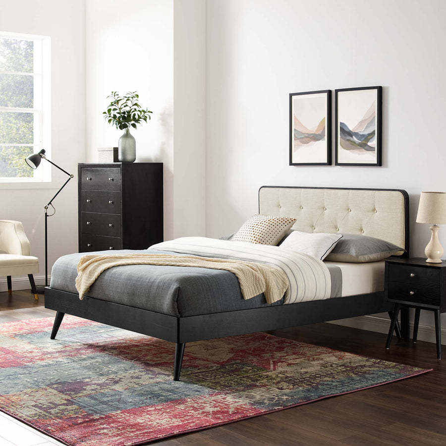 Linen Wood King Platform Bed With Splayed Legs in Black Beige