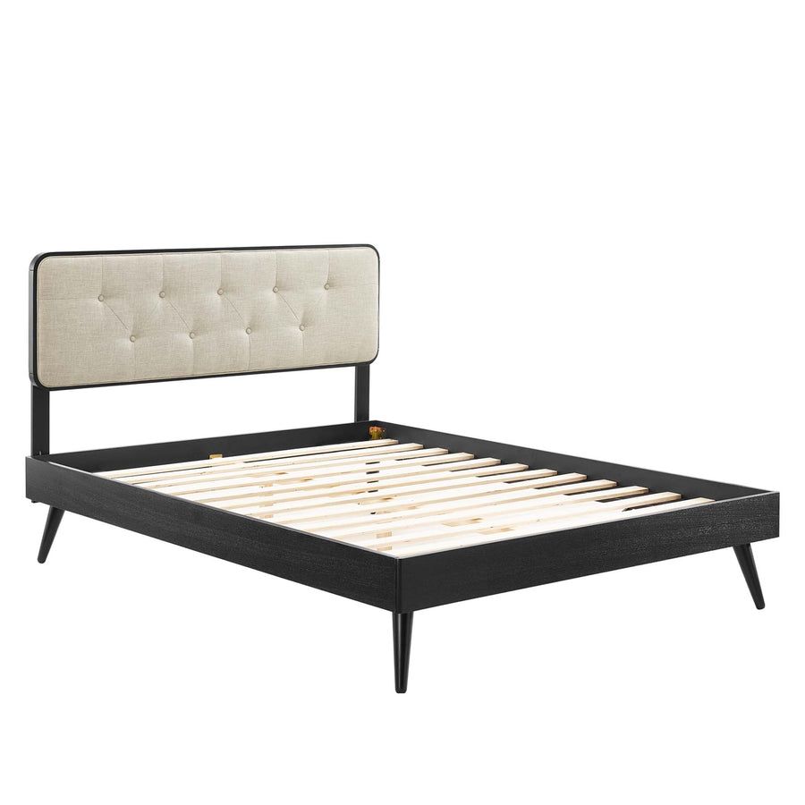 Linen Wood King Platform Bed With Splayed Legs in Black Beige