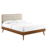 Linen Wood King Platform Bed With Splayed Legs in Walnut Beige