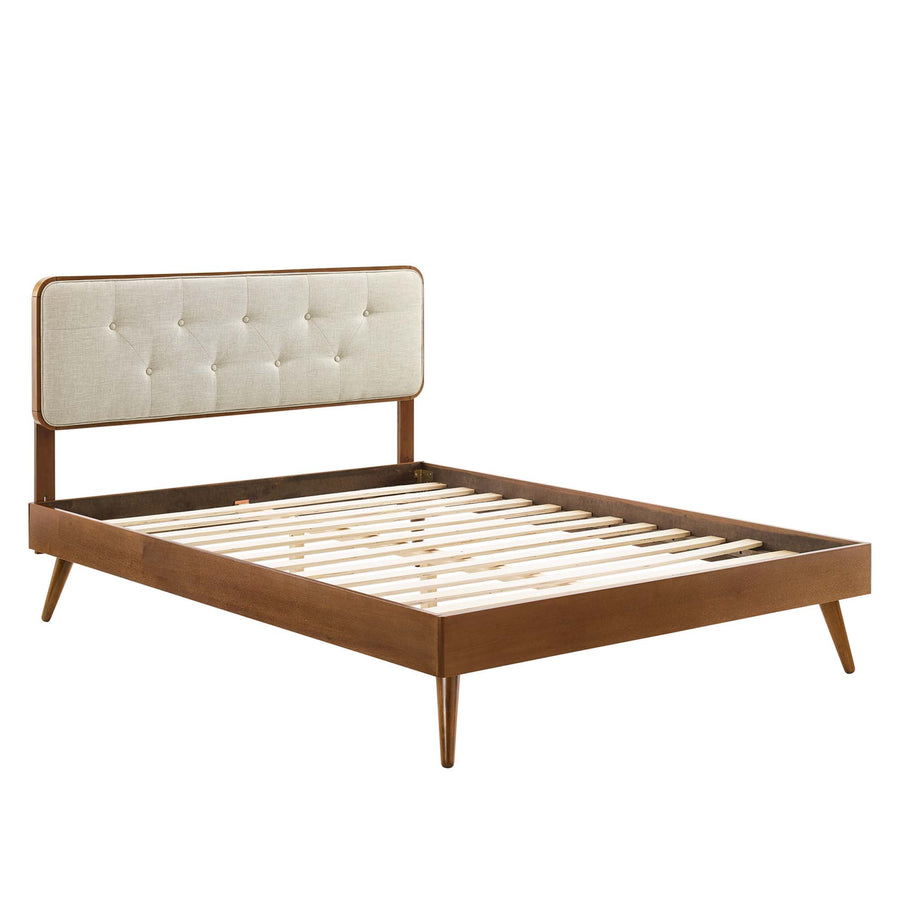 Linen Wood King Platform Bed With Splayed Legs in Walnut Beige