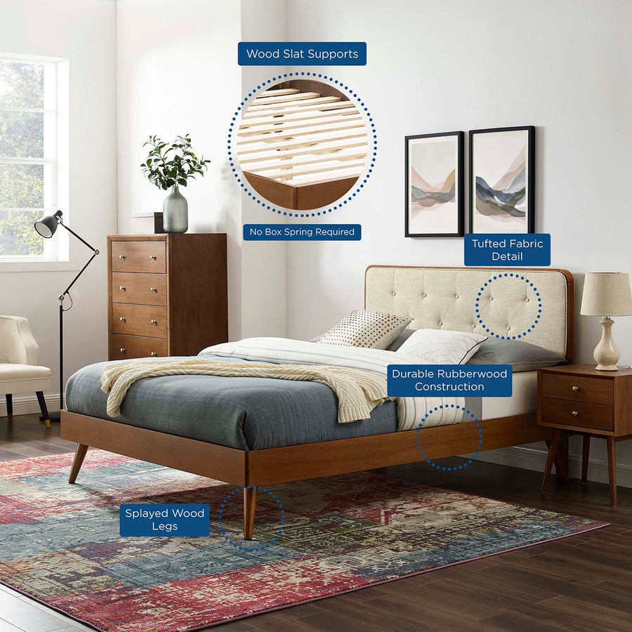Linen Wood Twin Platform Bed With Splayed Legs in Walnut Beige