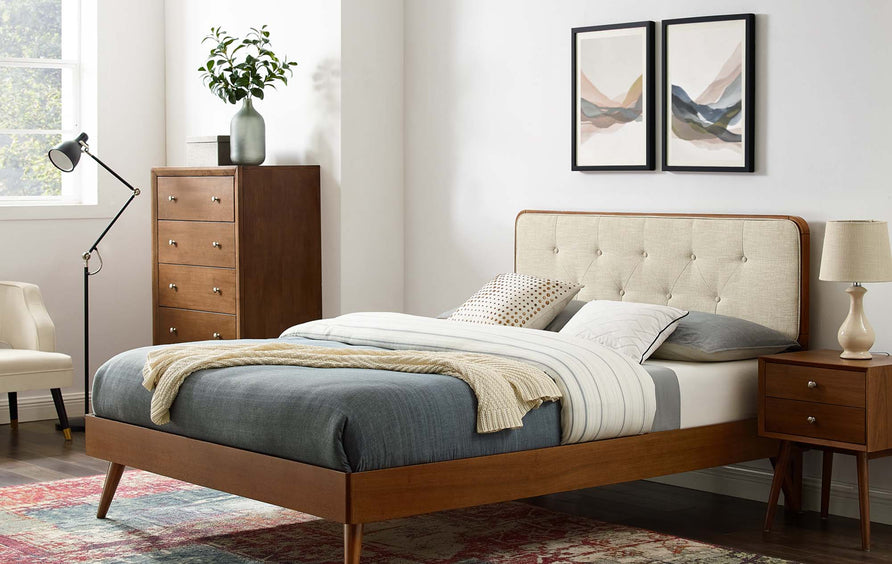 Linen Wood Twin Platform Bed With Splayed Legs in Walnut Beige