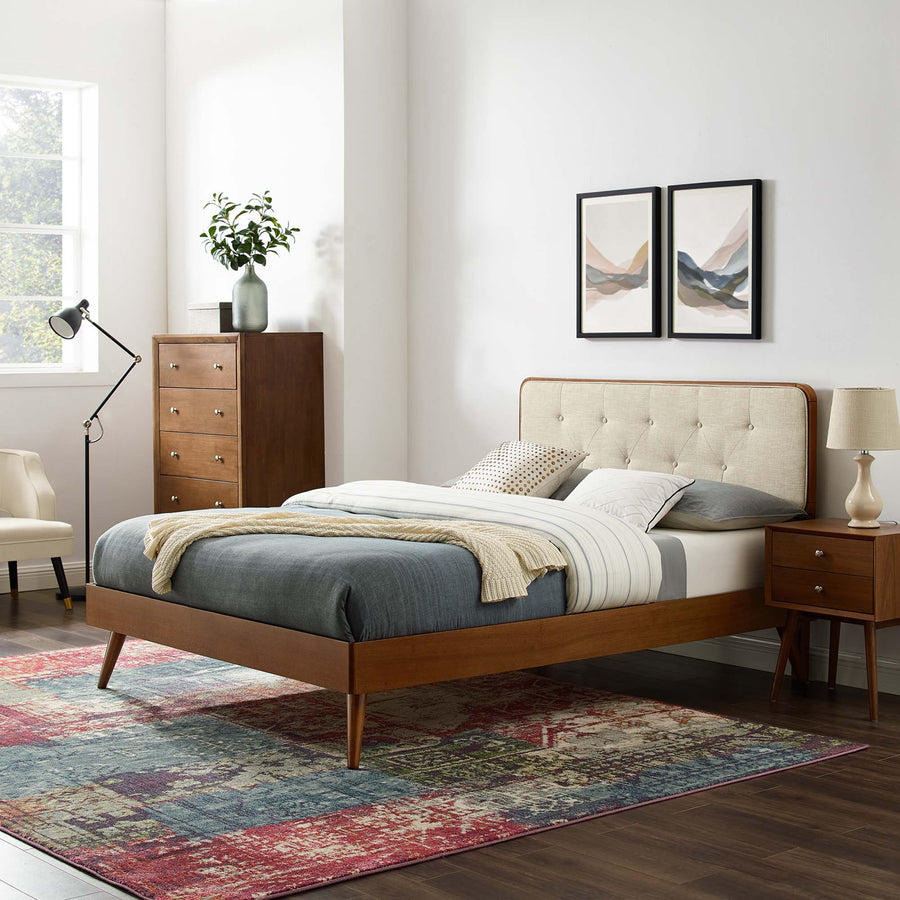 Linen Wood Twin Platform Bed With Splayed Legs in Walnut Beige