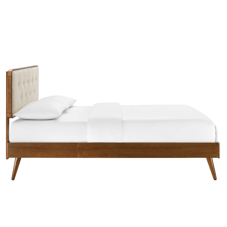 Linen Wood Twin Platform Bed With Splayed Legs in Walnut Beige