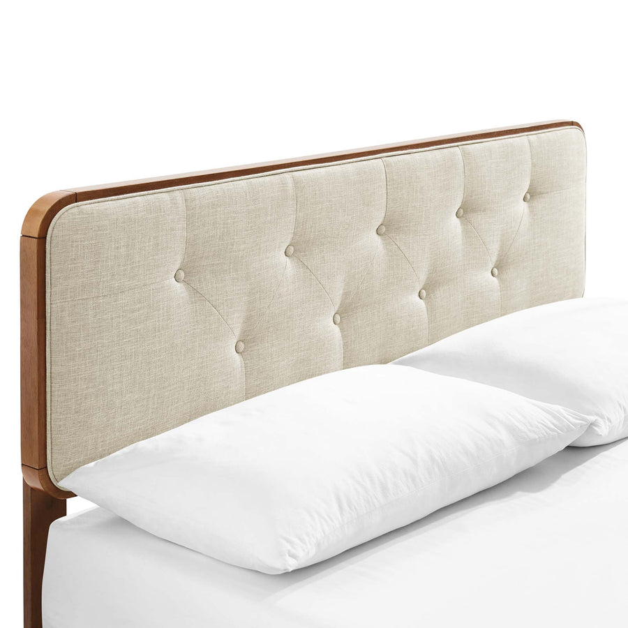 Linen Wood Twin Platform Bed With Splayed Legs in Walnut Beige