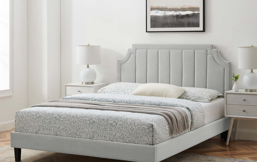 Cypress Performance Velvet Queen Platform Bed in Light Gray