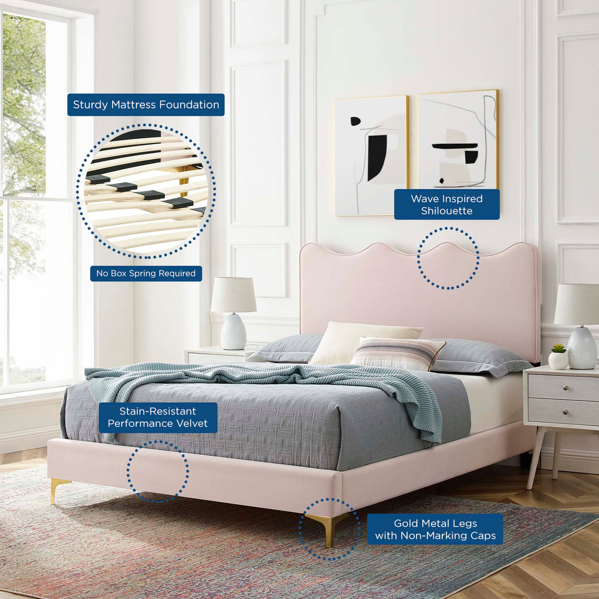 Current Performance Velvet Twin Platform Bed in Pink