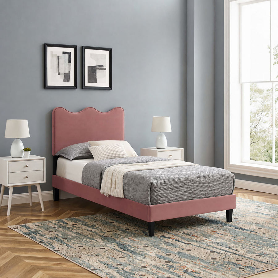Vega Performance Velvet Twin Platform Bed in Dusty Rose
