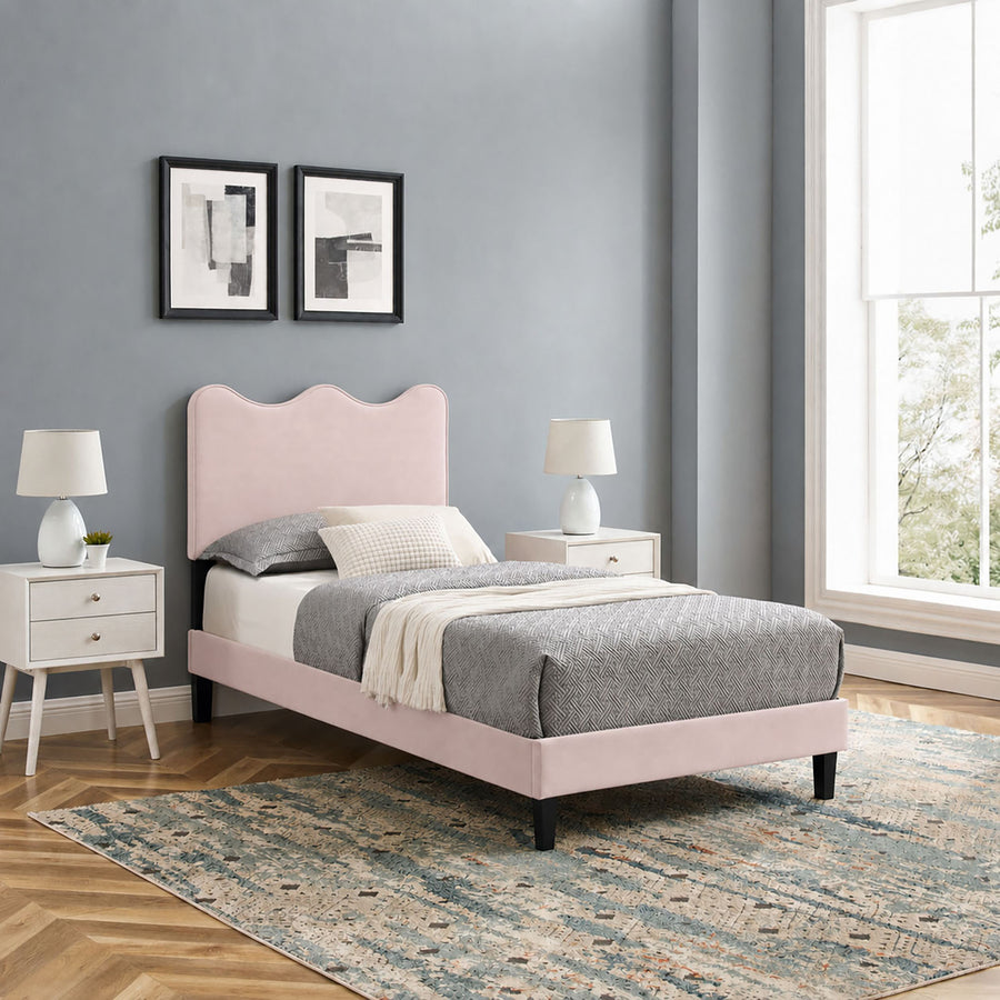 Vega Performance Velvet Twin Platform Bed in Pink