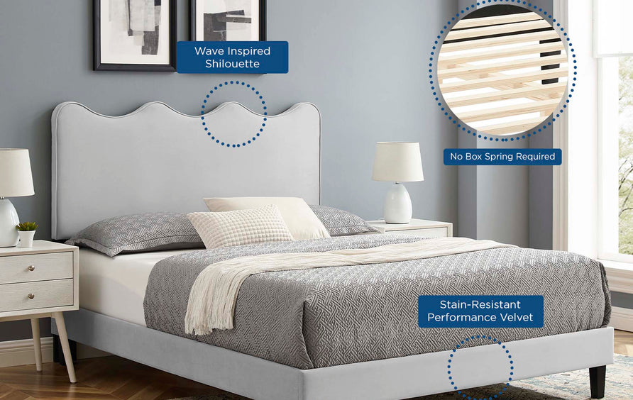 Vega Performance Velvet Full Platform Bed in Light Gray