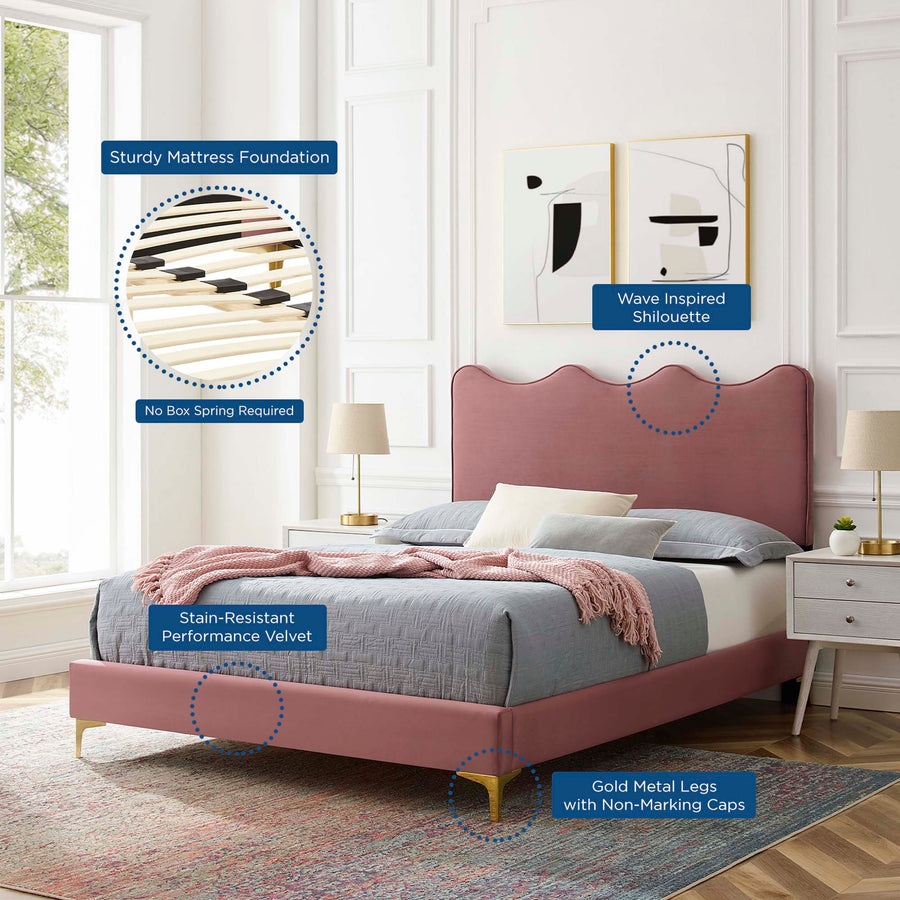 Vega Performance Velvet Queen Platform Bed in Dusty Rose
