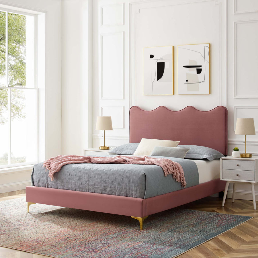 Vega Performance Velvet Queen Platform Bed in Dusty Rose